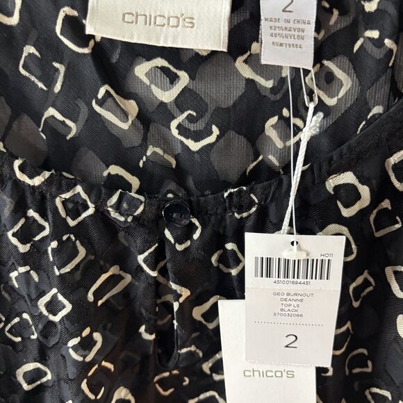 Chicos Black & White Semi-Sheer Geo Burnout Peasant Top Size 2 Polyester/Rayon B - Picture 4 of 11